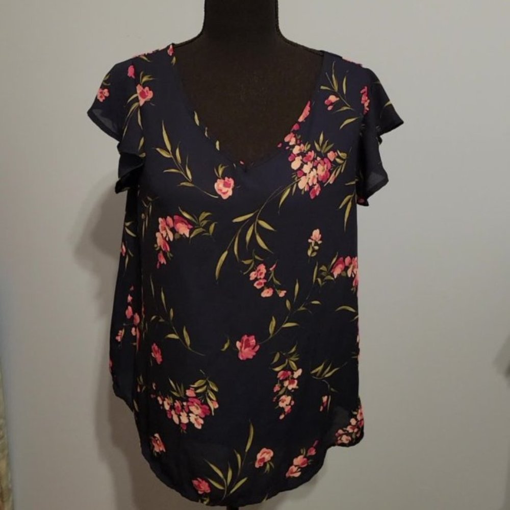 Papermoon Blue Floral V Neck Blouse Size L
